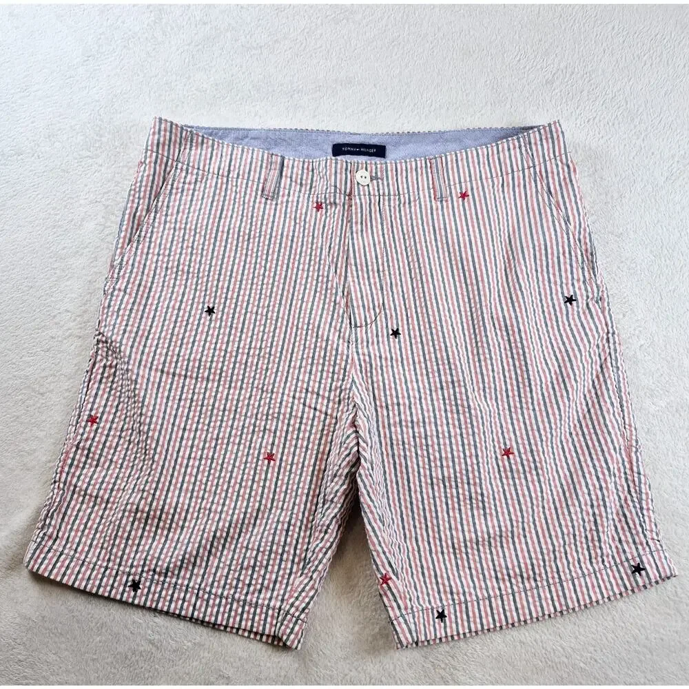 Tommy Hilfiger Red White Blue Stars & Stripes Seersucker Cotton Shorts Men's 36